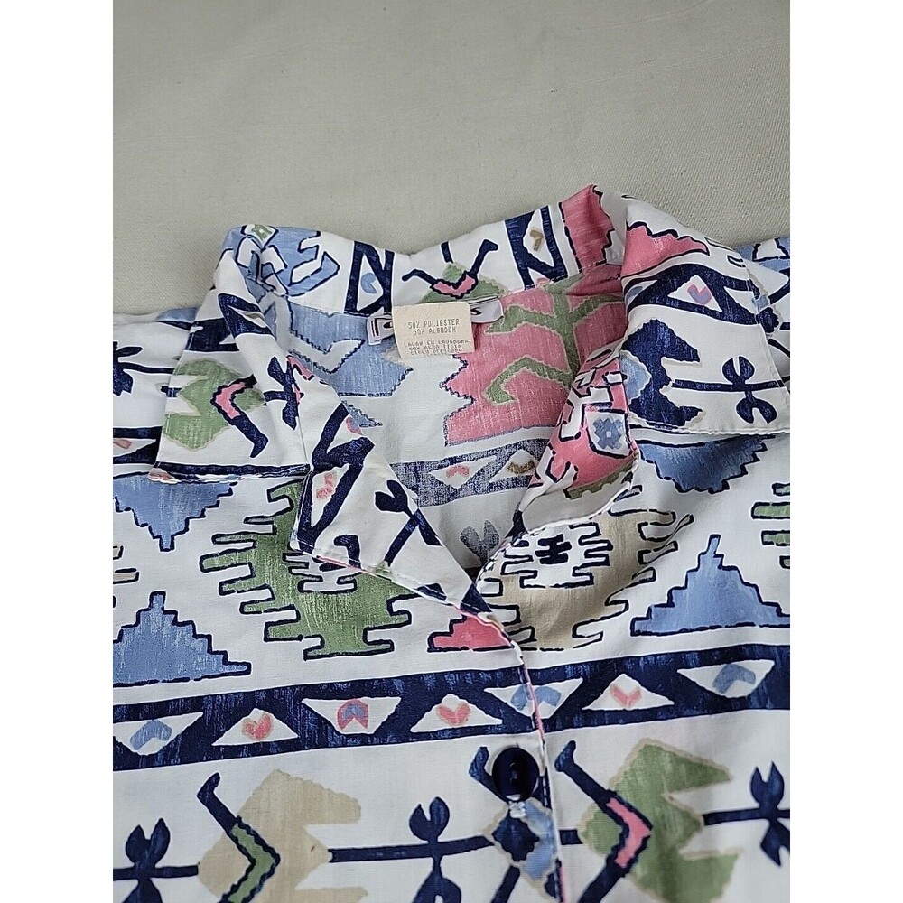 Cabrais Aztec Shirt‎ Womens 16 XL White Pink Blue Southwest Tribal Vintage 90s - Picture 4 of 12